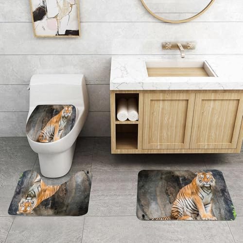 QRFASFZO 3 Stück Badematten und WC Vorleger Microfaser Weiches Badteppich badvorleger rutschfest Waschbar Badezimmerteppich Set,Zoo, Bengalischer Tiger, Raubkatze, aggressiver Jäger, Fleischfresser, von QRFASFZO
