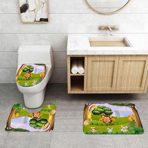QRFASFZO 3 Stück Badematten und WC Vorleger Microfaser Weiches Badteppich badvorleger rutschfest Waschbar Badezimmerteppich Set,Zoo, Waldtiere, Cartoon-Illustration, afrikanisches Safari-Dschungel-Ö von QRFASFZO