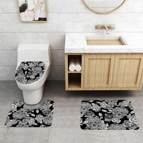 QRFASFZO 3 Stück Badematten und WC Vorleger Microfaser Weiches Badteppich badvorleger rutschfest Waschbar Badezimmerteppich Set,Zuckerschädel und Blumen, mit dekorativen Totenkopf- und Blumenelement QRFASFZO 3 Stück Badematten und WC Vorleger Microfaser Weiches Badteppich badvorleger rutschfest Waschbar Badezimmerteppich Set,Zuckerschädel und Blumen, mit dekorativen Totenkopf- und Blumenelement von QRFASFZO