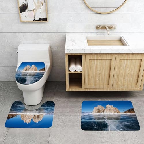 QRFASFZO 3 Stück Badematten und WC Vorleger Microfaser Weiches Badteppich badvorleger rutschfest Waschbar Badezimmerteppich Set,Zugefrorener Baikalsee in Sibirien mit Eiszapfen Natur Oberflächenstru von QRFASFZO