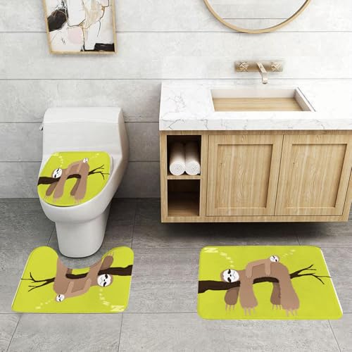 QRFASFZO 3 Stück Badematten und WC Vorleger Microfaser Weiches Badteppich badvorleger rutschfest Waschbar Badezimmerteppich Set,Zwei schlafen in Zweigen mit Symbol zzz auf Zweigen, schlafen auf hell von QRFASFZO