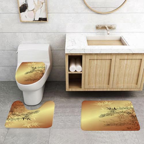 QRFASFZO 3 Stück Badematten und WC Vorleger Microfaser Weiches Badteppich badvorleger rutschfest Waschbar Badezimmerteppich Set,Zweige und Bambusmuster im japanischen und asiatischen Stil mit auffäl von QRFASFZO