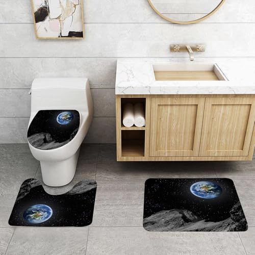 QRFASFZO 3 Stück Badematten und WC Vorleger Microfaser Weiches Badteppich badvorleger rutschfest Waschbar Badezimmerteppich Set,atemberaubender Blick auf die Erde, die Sich über dem felsigen Gelände von QRFASFZO