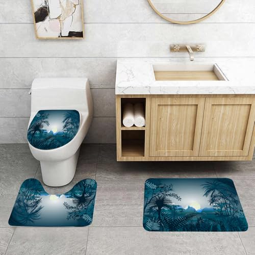 QRFASFZO 3 Stück Badematten und WC Vorleger Microfaser Weiches Badteppich badvorleger rutschfest Waschbar Badezimmerteppich Set,charmanter Leopard, umgeben von einem tropischen Dschungel im Mondlich von QRFASFZO