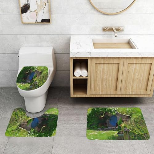 QRFASFZO 3 Stück Badematten und WC Vorleger Microfaser Weiches Badteppich badvorleger rutschfest Waschbar Badezimmerteppich Set,charmantes verstecktes Haus mit runden blauen Türen, umgeben von üppig QRFASFZO 3 Stück Badematten und WC Vorleger Microfaser Weiches Badteppich badvorleger rutschfest Waschbar Badezimmerteppich Set,charmantes verstecktes Haus mit runden blauen Türen, umgeben von üppig von QRFASFZO