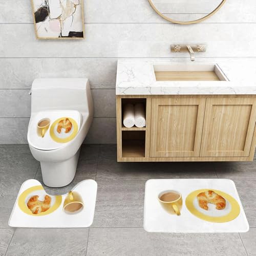 QRFASFZO 3 Stück Badematten und WC Vorleger Microfaser Weiches Badteppich badvorleger rutschfest Waschbar Badezimmerteppich Set,gelbe Tasse Kaffee und Croissants auf einem Teller auf weißem Hintergr von QRFASFZO