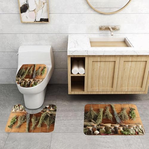 QRFASFZO 3 Stück Badematten und WC Vorleger Microfaser Weiches Badteppich badvorleger rutschfest Waschbar Badezimmerteppich Set,getrocknete Kräuter, Gewürze und Pfeffer auf Holzhintergrund von QRFASFZO