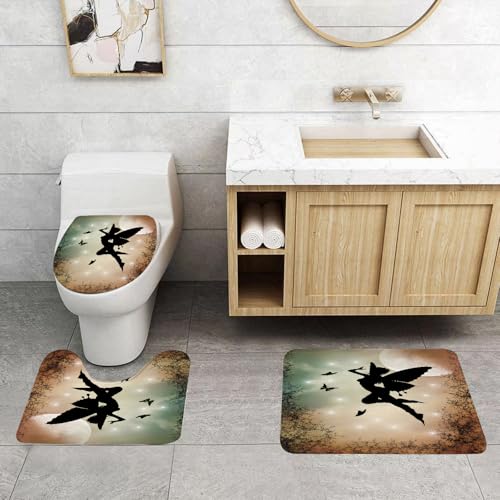 QRFASFZO 3 Stück Badematten und WC Vorleger Microfaser Weiches Badteppich badvorleger rutschfest Waschbar Badezimmerteppich Set,grüne Tapete mit schönem Feen-Design von QRFASFZO