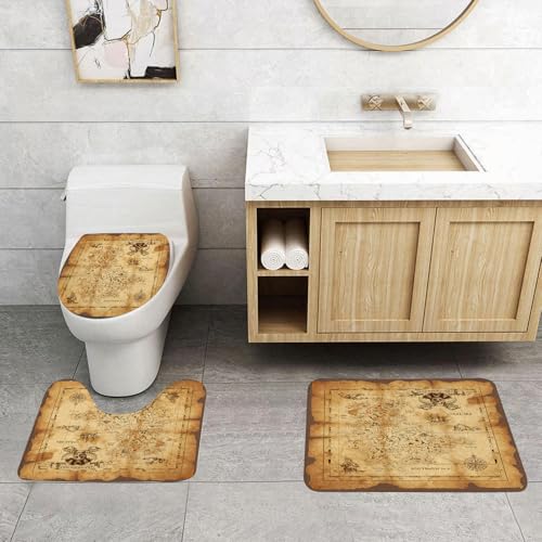 QRFASFZO 3 Stück Badematten und WC Vorleger Microfaser Weiches Badteppich badvorleger rutschfest Waschbar Badezimmerteppich Set,lkarten-Set, sehr detaillierte, Grungy, rustikale Piraten-Goldschatzka von QRFASFZO