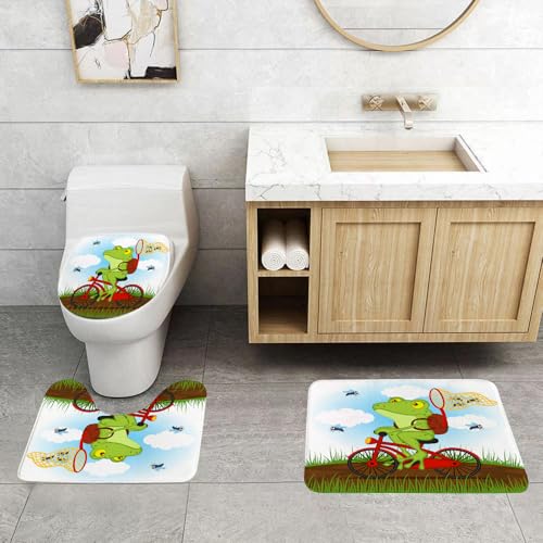 QRFASFZO 3 Stück Badematten und WC Vorleger Microfaser Weiches Badteppich badvorleger rutschfest Waschbar Badezimmerteppich Set,lustiger Frosch auf einem Fahrrad jagt flatternd in der Natur von QRFASFZO