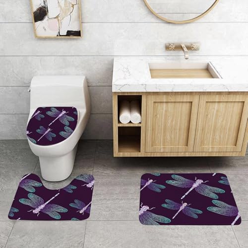 QRFASFZO 3 Stück Badematten und WC Vorleger Microfaser Weiches Badteppich badvorleger rutschfest Waschbar Badezimmerteppich Set,mit blau glänzender Libelle auf dunkelpflaumenfarbenem Hintergrund. EL QRFASFZO 3 Stück Badematten und WC Vorleger Microfaser Weiches Badteppich badvorleger rutschfest Waschbar Badezimmerteppich Set,mit blau glänzender Libelle auf dunkelpflaumenfarbenem Hintergrund. EL von QRFASFZO
