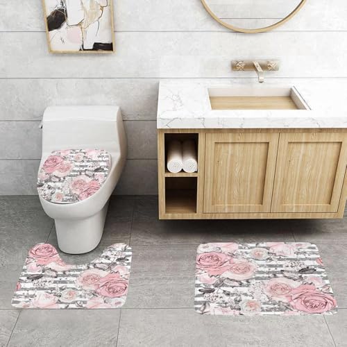 QRFASFZO 3 Stück Badematten und WC Vorleger Microfaser Weiches Badteppich badvorleger rutschfest Waschbar Badezimmerteppich Set,mit rosa Blüten und Blättern auf grauem Hintergrund mit Streifen. Aqua QRFASFZO 3 Stück Badematten und WC Vorleger Microfaser Weiches Badteppich badvorleger rutschfest Waschbar Badezimmerteppich Set,mit rosa Blüten und Blättern auf grauem Hintergrund mit Streifen. Aqua von QRFASFZO