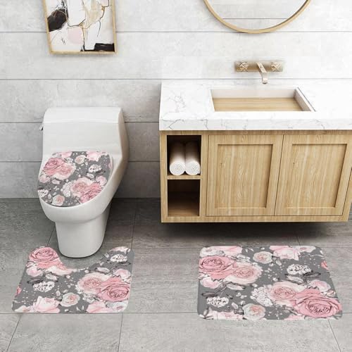 QRFASFZO 3 Stück Badematten und WC Vorleger Microfaser Weiches Badteppich badvorleger rutschfest Waschbar Badezimmerteppich Set,mit rosa Blüten und Blättern auf grauem Hintergrund. Blumenmuster, Blu QRFASFZO 3 Stück Badematten und WC Vorleger Microfaser Weiches Badteppich badvorleger rutschfest Waschbar Badezimmerteppich Set,mit rosa Blüten und Blättern auf grauem Hintergrund. Blumenmuster, Blu von QRFASFZO