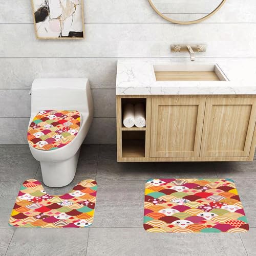 QRFASFZO 3 Stück Badematten und WC Vorleger Microfaser Weiches Badteppich badvorleger rutschfest Waschbar Badezimmerteppich Set,mit rosa Wangen und zwinkernden Augen, einfacher Naturhintergrund mit von QRFASFZO