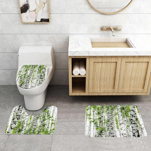 QRFASFZO 3 Stück Badematten und WC Vorleger Microfaser Weiches Badteppich badvorleger rutschfest Waschbar Badezimmerteppich Set,oodland, Birken im Wald, Sommer, Wildtiere, Natur, Motiv: Bild, Blau, von QRFASFZO