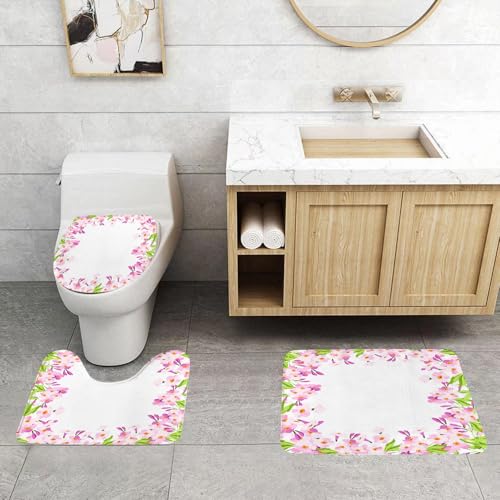 QRFASFZO 3 Stück Badematten und WC Vorleger Microfaser Weiches Badteppich badvorleger rutschfest Waschbar Badezimmerteppich Set,rosa Blumenrahmen, grüne Blätter, Blumenrand aus zarten rosa Blüten, b QRFASFZO 3 Stück Badematten und WC Vorleger Microfaser Weiches Badteppich badvorleger rutschfest Waschbar Badezimmerteppich Set,rosa Blumenrahmen, grüne Blätter, Blumenrand aus zarten rosa Blüten, b von QRFASFZO