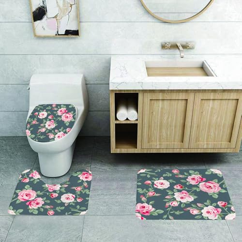 QRFASFZO 3 Stück Badematten und WC Vorleger Microfaser Weiches Badteppich badvorleger rutschfest Waschbar Badezimmerteppich Set,rosa Rose, Elegantes Blumenmuster mit errötenden und grünen Blättern, von QRFASFZO