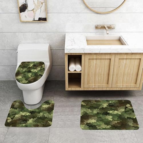 QRFASFZO 3 Stück Badematten und WC Vorleger Microfaser Weiches Badteppich badvorleger rutschfest Waschbar Badezimmerteppich Set,unregelmäßige Form grün hellgrün gemischt Nahtlose Camouflage Hintergr von QRFASFZO