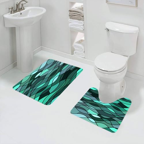 QRFASFZO Badezimmerteppich - Kit 2 Teile, Blaugrün, Expressionnis inspiriertes abstraktes Ozeanwellen-Mosaik,absorbierbares waschbares Badezimmerteppich für Badewannen,Toiletten und Böden von QRFASFZO