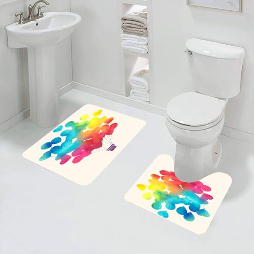 QRFASFZO Badezimmerteppich - Kit 2 Teile,Aquarell, Heißluftballon, Regenbogenfarben, schöne Herzformen, Allegro Fe,absorbierbares waschbares Badezimmerteppich für Badewannen,Toiletten und Böden von QRFASFZO