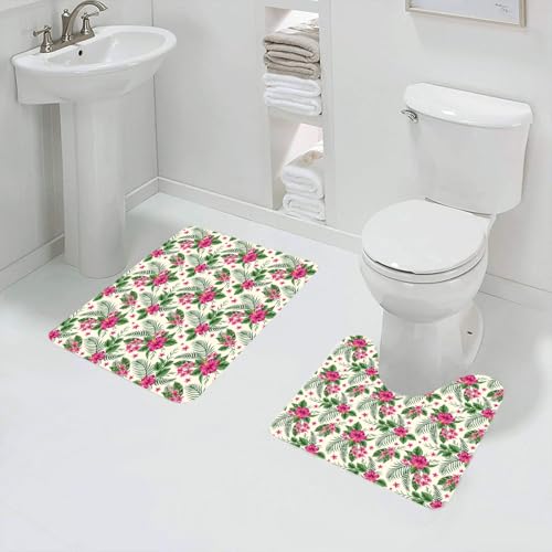 QRFASFZO Badezimmerteppich - Kit 2 Teile,Aquarell, Plumeria und Hibiskus Flora Tropische l Natur Aloha Hawaii Dschungel,absorbierbares waschbares Badezimmerteppich für Badewannen,Toiletten und Böden von QRFASFZO