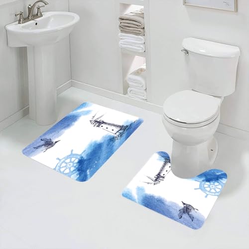 QRFASFZO Badezimmerteppich - Kit 2 Teile,Aquarell-Illustration eines Leuchtturms in einem stürmischen blauen Meer mit t,absorbierbares waschbares Badezimmerteppich für Badewannen,Toiletten und Böden von QRFASFZO