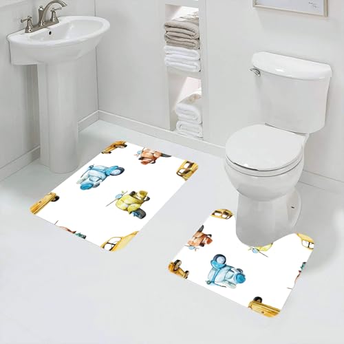 QRFASFZO Badezimmerteppich - Kit 2 Teile,Aquarell Retro-Tapete Transport Auto und Roller,absorbierbares waschbares Badezimmerteppich für Badewannen,Toiletten und Böden von QRFASFZO