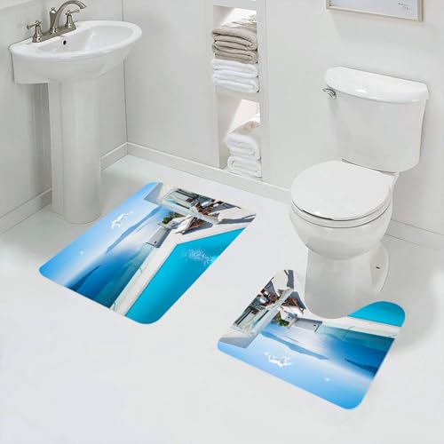 QRFASFZO Badezimmerteppich - Kit 2 Teile,Architektur auf der l Santorin in Griechenland Blue White Hot Pool,absorbierbares waschbares Badezimmerteppich für Badewannen,Toiletten und Böden von QRFASFZO