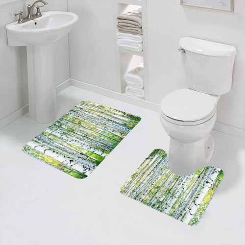 QRFASFZO Badezimmerteppich - Kit 2 Teile,Birkenwald, üppige Birken mit einzigartiger weißer Rinde, sitzen auf einem grü,absorbierbares waschbares Badezimmerteppich für Badewannen,Toiletten und Böden von QRFASFZO