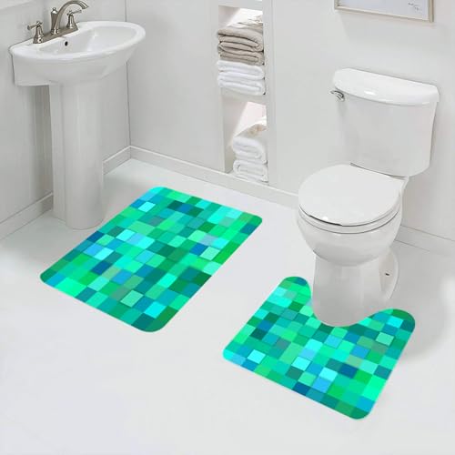 QRFASFZO Badezimmerteppich - Kit 2 Teile,Blaugrün, 3D-Würfelmuster, abstrakte Quadrate, lebendige farbige geometrische,absorbierbares waschbares Badezimmerteppich für Badewannen,Toiletten und Böden von QRFASFZO