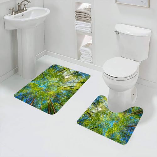 QRFASFZO Badezimmerteppich - Kit 2 Teile,Blick auf üppige grüne Blätter unter hohen Bäumen, die in den blauen Himmel mi,absorbierbares waschbares Badezimmerteppich für Badewannen,Toiletten und Böden von QRFASFZO