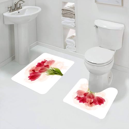 QRFASFZO Badezimmerteppich - Kit 2 Teile,Blumen, Aquarellmalerei Blumenstrauß Tulpen Kunstdruck bot,absorbierbares waschbares Badezimmerteppich für Badewannen,Toiletten und Böden von QRFASFZO
