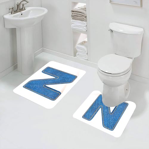 QRFASFZO Badezimmerteppich - Kit 2 Teile,Buchstabe N, Großbuchstabe N mit Denim-Alphabet-Schriftdesign,absorbierbares waschbares Badezimmerteppich für Badewannen,Toiletten und Böden von QRFASFZO