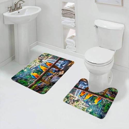QRFASFZO Badezimmerteppich - Kit 2 Teile,DREI Bunte Papageien Stehen auf Ästen in üppiger Naturumgebung mit majestätisc,absorbierbares waschbares Badezimmerteppich für Badewannen,Toiletten und Böden von QRFASFZO