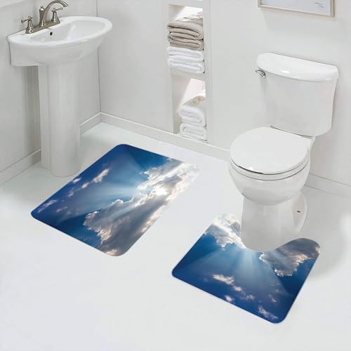 QRFASFZO Badezimmerteppich - Kit 2 Teile,Das Sonnenlicht dringt durch die Wolken am tiefblauen Himmel und bildet eine a,absorbierbares waschbares Badezimmerteppich für Badewannen,Toiletten und Böden von QRFASFZO
