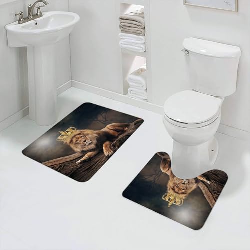 QRFASFZO Badezimmerteppich - Kit 2 Teile,Der majestätische Löwe liegt auf den Baumstämmen und trägt eine goldgelbe Kron,absorbierbares waschbares Badezimmerteppich für Badewannen,Toiletten und Böden von QRFASFZO