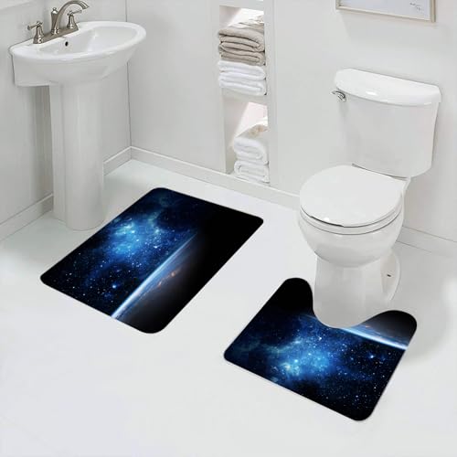 QRFASFZO Badezimmerteppich - Kit 2 Teile,Die Erde unter Einer glitzernd blauen Galaxie in den Weiten des Weltraums,absorbierbares waschbares Badezimmerteppich für Badewannen,Toiletten und Böden von QRFASFZO