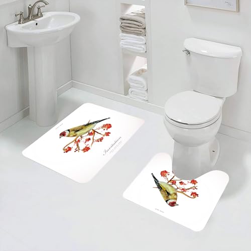 QRFASFZO Badezimmerteppich - Kit 2 Teile,Eberesche, Aquarell-Stil niedlichen Wildvogel auf Zweig mit Sein,absorbierbares waschbares Badezimmerteppich für Badewannen,Toiletten und Böden von QRFASFZO