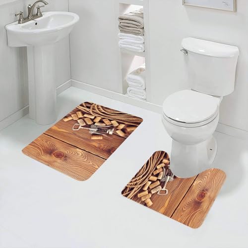 QRFASFZO Badezimmerteppich - Kit 2 Teile,Flaschenöffner und Weinkorken auf verwitterter Holzoberfläche mit gedrehtem Se,absorbierbares waschbares Badezimmerteppich für Badewannen,Toiletten und Böden von QRFASFZO