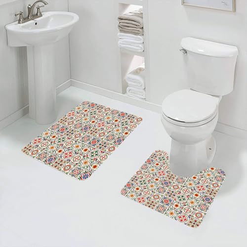 QRFASFZO Badezimmerteppich - Kit 2 Teile,Fliesendekoration mit quadratischen Fliesen mit aufwendigem floralen und geome,absorbierbares waschbares Badezimmerteppich für Badewannen,Toiletten und Böden von QRFASFZO