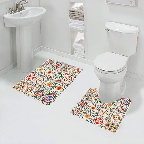QRFASFZO Badezimmerteppich - Kit 2 Teile,Fliesendekoration mit quadratischen Fliesen mit aufwendigem floralen und geome,absorbierbares waschbares Badezimmerteppich für Badewannen,Toiletten und Böden von QRFASFZO