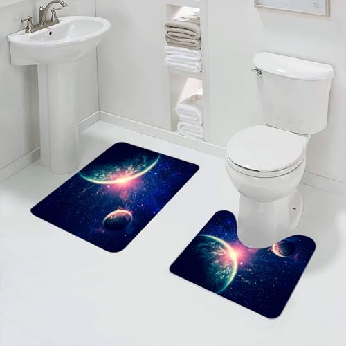 QRFASFZO Badezimmerteppich - Kit 2 Teile,Galaxie Weltraumthema Planet Erde und Mars in Space Discovery,absorbierbares waschbares Badezimmerteppich für Badewannen,Toiletten und Böden von QRFASFZO