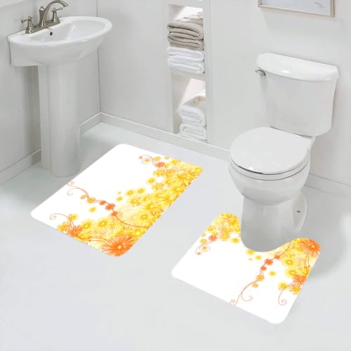 QRFASFZO Badezimmerteppich - Kit 2 Teile,Gelb, Curling Golden Gerbera Blumen Botanischer Druck Efeu Natur Stilisiertes,absorbierbares waschbares Badezimmerteppich für Badewannen,Toiletten und Böden von QRFASFZO