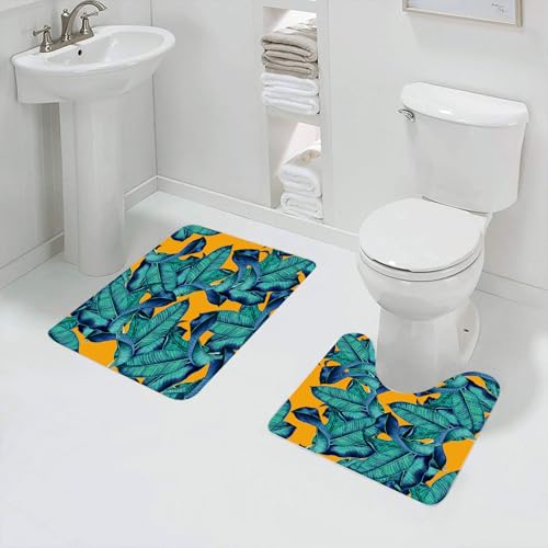 QRFASFZO Badezimmerteppich - Kit 2 Teile,Gelber Hintergrund mit blauen und bunten Pflanzen. Mit blauen und bunten Pflan,absorbierbares waschbares Badezimmerteppich für Badewannen,Toiletten und Böden von QRFASFZO