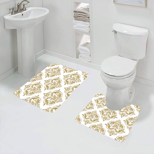 QRFASFZO Badezimmerteppich - Kit 2 Teile,Gold und Weiß, barockes viktorianisches altes Design,absorbierbares waschbares Badezimmerteppich für Badewannen,Toiletten und Böden von QRFASFZO