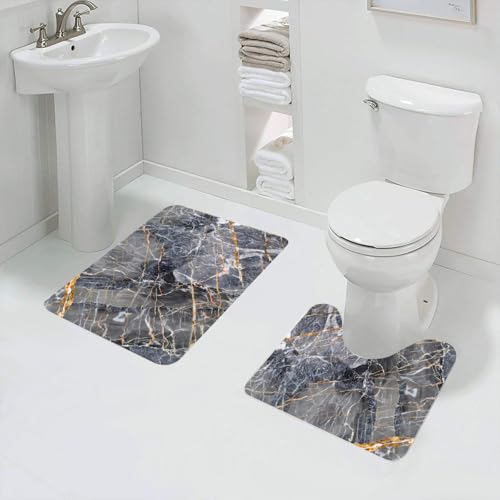 QRFASFZO Badezimmerteppich - Kit 2 Teile,Grau gemusterter natürlicher Texturhintergrund aus dunklem Marmor (Gold Russla,absorbierbares waschbares Badezimmerteppich für Badewannen,Toiletten und Böden von QRFASFZO