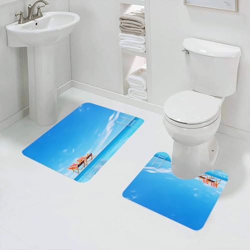 QRFASFZO Badezimmerteppich - Kit 2 Teile,Hausdekor, Swimmingpool mit Strandstühlen, Sessel, Sonnenlicht im Freien, Wass,absorbierbares waschbares Badezimmerteppich für Badewannen,Toiletten und Böden von QRFASFZO