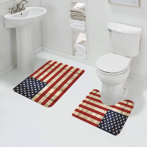QRFASFZO Badezimmerteppich - Kit 2 Teile,Hölzerner Zaun mit USA-Flaggenmuster. Unabhängigkeitstag-Konzept,absorbierbares waschbares Badezimmerteppich für Badewannen,Toiletten und Böden von QRFASFZO