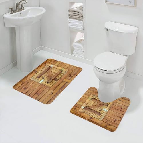 QRFASFZO Badezimmerteppich - Kit 2 Teile,Holzwand mit Einer kleinen Tür mit Streben, Holzplankenwand im rustikalen Stil,absorbierbares waschbares Badezimmerteppich für Badewannen,Toiletten und Böden von QRFASFZO