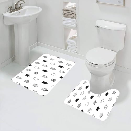 QRFASFZO Badezimmerteppich - Kit 2 Teile,Katzendesign, eine Reihe süßer schwarz-weißer Katzendesigns mit Mehreren Muste,absorbierbares waschbares Badezimmerteppich für Badewannen,Toiletten und Böden von QRFASFZO